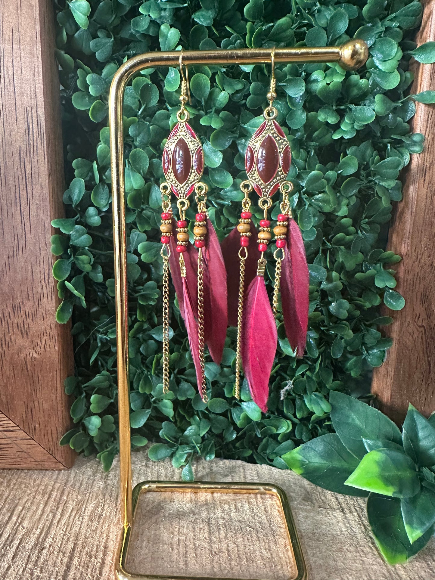 Bohemian Feather Earrings 🪶 Burgundy
