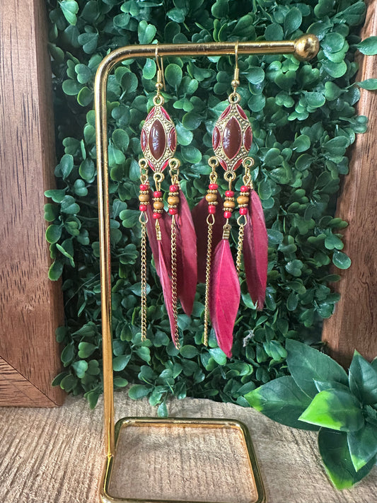 Bohemian Feather Earrings 🪶 Burgundy